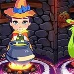 En heks står ved en gryte som lyser, mens et grønt monster med store ører står ved siden av henne i et stensatt rom med halloween-dekor