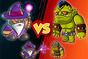 Tegneseriefigurer av en trollmann og en ork står mot hverandre med en VS i midten