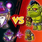 Tegneseriefigurer av en trollmann og en ork står mot hverandre med en VS i midten