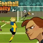 Tegneserieillustrasjon av en kvinnelig fotballspiller som tar et straffespark, med en målvakt som forsøker å redde ballen