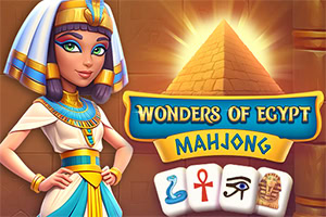 En illustrasjon av en kvinne i egyptisk drakt foran en pyramide med lysstråler, sammen med teksten Wonders of Egypt Mahjong og ikoner av hieroglyfer