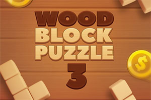 Trebokstaver og mynter på en trefarget bakgrunn med teksten WOOD BLOCK PUZZLE 3