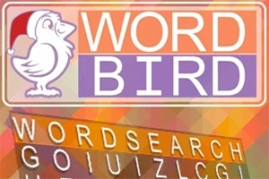 Illustrasjon av en hvit fugl med nisselue ved siden av teksten WORD BIRD over fargesprakende bakgrunn med bokstavrutenett