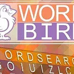 Illustrasjon av en hvit fugl med nisselue ved siden av teksten WORD BIRD over fargesprakende bakgrunn med bokstavrutenett