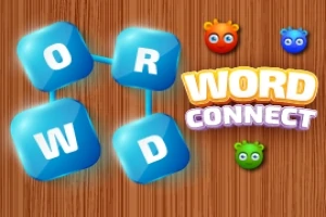 Blå bokstaver som danner ordet WORD koblet sammen på et trebakgrunn, med fargerike små figurer og teksten WORD CONNECT
