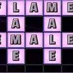 Bokstaver i lilla bokser som danner ord som FLAME og FEMALE