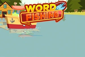 Fargerik animasjon av en båt på en innsjø med en trehytte og skog i bakgrunnen, med teksten WORD FISHING i toppen