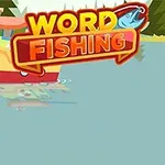 Fargerik animasjon av en båt på en innsjø med en trehytte og skog i bakgrunnen, med teksten WORD FISHING i toppen