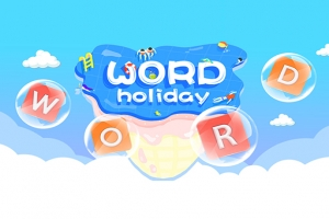 En blå isformet bakgrunn med hvit tekst WORD holiday og bokstaver i bobler foran flere skyer