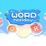 En blå isformet bakgrunn med hvit tekst WORD holiday og bokstaver i bobler foran flere skyer