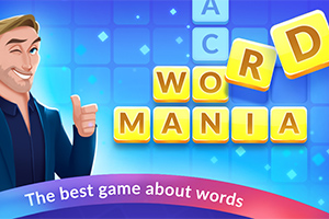 Mann som gir tommel opp ved siden av gule bokstavblokker som danner ordene WORD MANIA og teksten The best game about words på fargerik bakgrunn