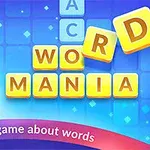 Mann som gir tommel opp ved siden av gule bokstavblokker som danner ordene WORD MANIA og teksten The best game about words på fargerik bakgrunn