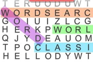 Ordsøking med fargerike markeringer av ordene WORDSEARCH, WORLD, CLASSIC og HELLO