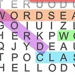 Ordsøking med fargerike markeringer av ordene WORDSEARCH, WORLD, CLASSIC og HELLO