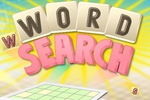 Teksten Word Search vises med store, fargerike bokstaver på en solfylt bakgrunn med et rutenett nederst