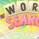 Teksten Word Search vises med store, fargerike bokstaver på en solfylt bakgrunn med et rutenett nederst