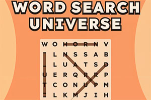 Oransje grafikk med teksten «WORD SEARCH UNIVERSE» over et bokstavrutenett med markerte ord