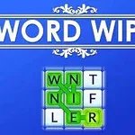 Blå bakgrunn med teksten WORD WIPE øverst og et rutenett av bokstaver nederst, der ordet WINNER er uthevet i grønt