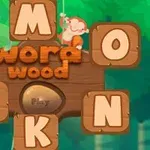 Trebokstaver med bokstavene Y, E, K, M, O, N og en apekatt på en gren med teksten word wood på en grønn skogbakgrunn