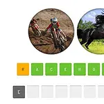 To sirkulære bilder viser en motocross-syklist og en galopperende svart hest, med bokstaver som staver RACEHOR nedenfor