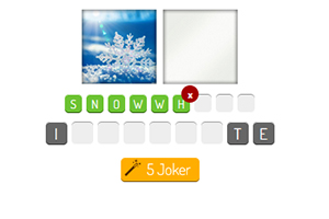 Snøkrystallbilde med bokstaver for å danne et ord, inkludert SNOWWHITE og en rød kryssmarkering, samt en Joker-knapp
