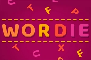 Fargerik illustrasjon med ordet WORDIE i blokkbokstaver, omgitt av fargerike bokstaver på en mørk rosa bakgrunn