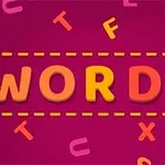 Fargerik illustrasjon med ordet WORDIE i blokkbokstaver, omgitt av fargerike bokstaver på en mørk rosa bakgrunn
