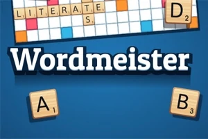 Brikker med bokstaver på et brettspill og ordet Wordmeister i hvit tekst på blå bakgrunn