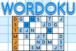 Et rutemønster med bokstaver, inkludert noen oransje bokser, med ordet WORDOKU skrevet øverst