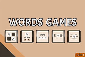 Fem ikoner av ordspill på en beige bakgrunn med teksten Words Games og en rød etikett med 5 in 1 nederst