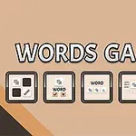 Fem ikoner av ordspill på en beige bakgrunn med teksten Words Games og en rød etikett med 5 in 1 nederst