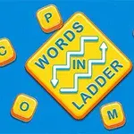 Gult rombeformet skilt med teksten WORDS IN LADDER omgitt av orange bokstaver på blå bakgrunn