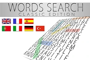 Ordletingsspill med flagg fra ulike land og ordene WORDS SEARCH CLASSIC EDITION øverst