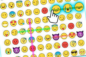 Et rutenett fylt med ulike emoji-ansikter i forskjellige uttrykk, med en pekende hånd som indikerer en av dem