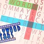 Ord søkes puslespill med ordene Words, Celebrity, Sea i forskjellige farger og Hollywood Stars i blått og hvitt