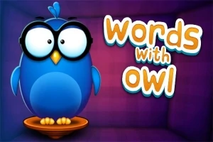 En blå animert ugle med store briller står på en oransje plattform ved siden av teksten Words with Owl på lilla bakgrunn