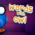 En blå animert ugle med store briller står på en oransje plattform ved siden av teksten Words with Owl på lilla bakgrunn