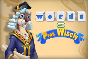 En tegnet hund kledd som en professor med kappe og hatt, står ved siden av teksten words with Prof