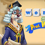 En tegnet hund kledd som en professor med kappe og hatt, står ved siden av teksten words with Prof