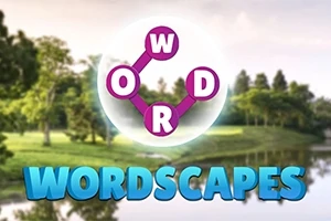 Over et landskapsbilde med trær og en innsjø vises ordet WORD i en sirkel, bundet sammen av linjer, med teksten WORDSCAPES under