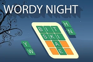 Skyet natthimmel bakgrunn med bokser fylt med bokstaver og teksten WORDY NIGHT øverst