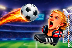 Flammende fotball i fart mot en forskrekket blond keeper foran et mål på en opplyst stadion