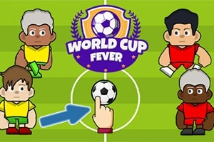 Tegneserieaktige fotballspillere i røde og gule drakter står rundt en ball på en grønnspraglete bane med teksten World Cup Fever over dem