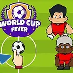 Tegneserieaktige fotballspillere i røde og gule drakter står rundt en ball på en grønnspraglete bane med teksten World Cup Fever over dem