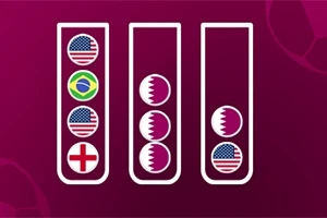 Tre reagensrør med flagg inni, inkludert USA, Brasil, England og Qatar, på en lilla bakgrunn