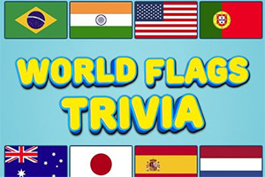 Illustrasjon med teksten World Flags Trivia omgitt av flaggene til Brasil, India, USA, Portugal, Australia, Japan, Spania og Nederland