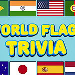 Illustrasjon med teksten World Flags Trivia omgitt av flaggene til Brasil, India, USA, Portugal, Australia, Japan, Spania og Nederland