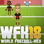 To animasjonsfigurer står klare på en fotballbane foran et mål med en keeper, med teksten WFK 18 World Football Kick i forgrunnen