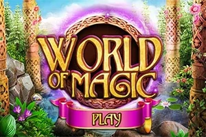 Fargerik skog med et stort skilt som viser World of Magic og en rosa banner der det står Play