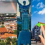 Bilde av ulike monumenter og skulpturer fra forskjellige steder, med en peker som indikerer retning